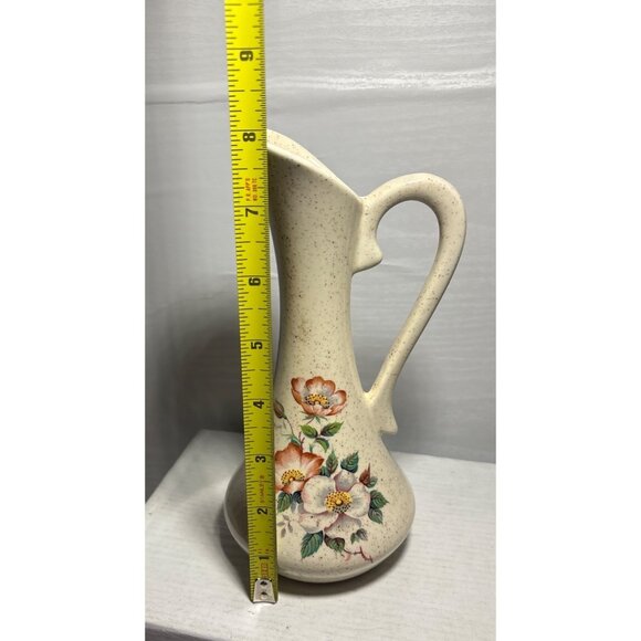 Fossil Craft Canada Pitcher Vase Speckled Ceramic 8" Tall Floral Design Vintage - Picture 6 of 7